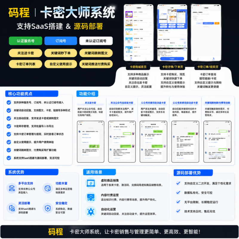 卡密大师公众号自动发卡SaaS系统商城自动推送付费链接-码程云-软件服务平台