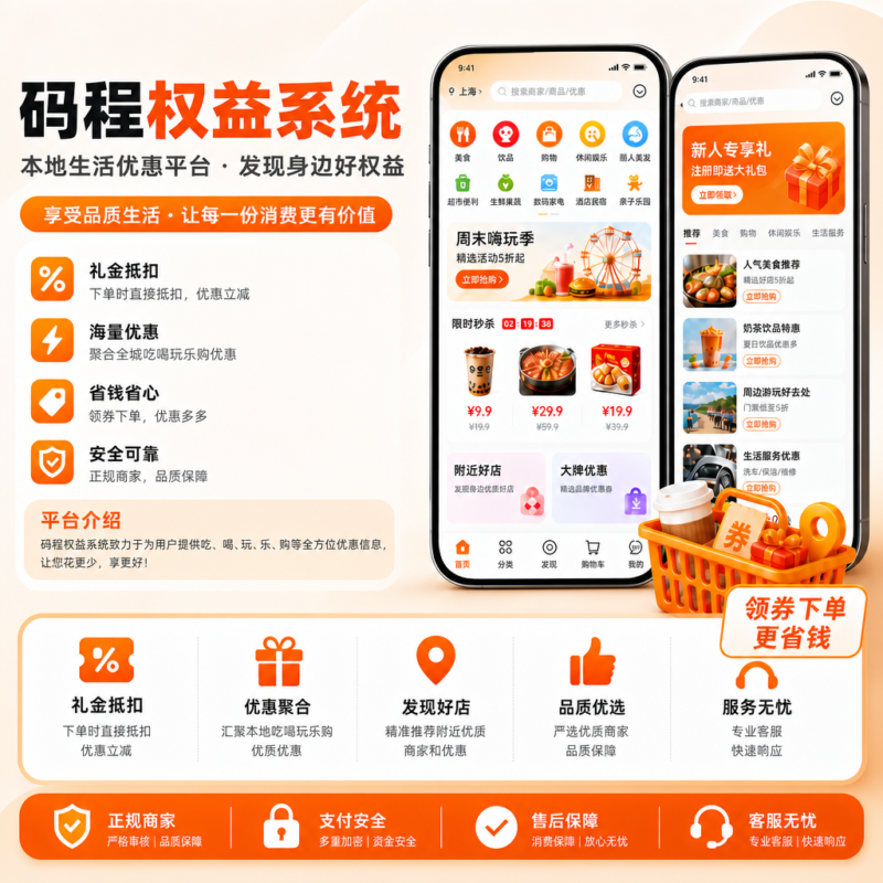 码程权益折扣礼金卡聚合CPS返利物业本地生活优惠团购商家入驻-码程云-软件服务平台